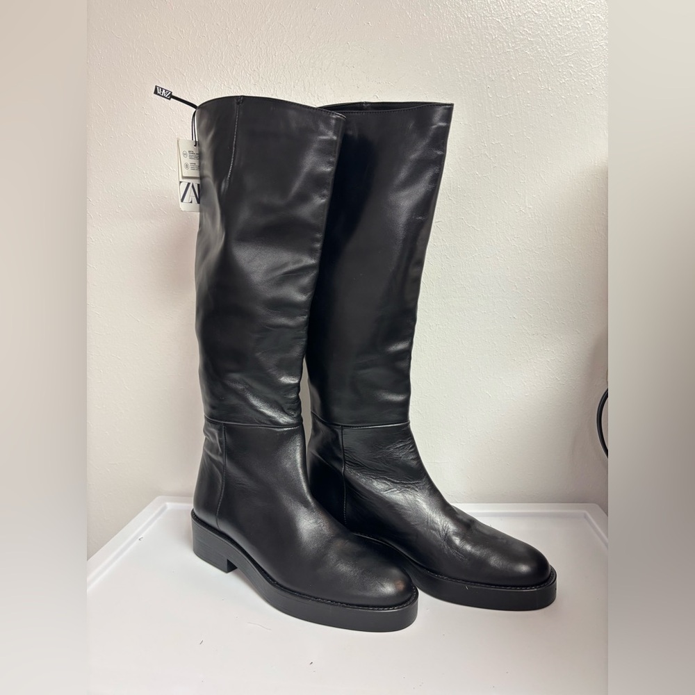 Zara Sleek Black Low Heel Leather Boots